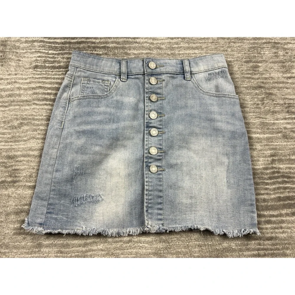 Indigo Rein Skirt Juniors 1 Denim Light Wash Raw Hem Button Front